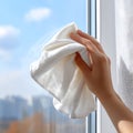 Shiny streak-free window cleaned with soft magic cloth Royalty Free Stock Photo