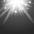 Shiny sunburst of sunbeams on the abstract sunshine background and transparency. Royalty Free Stock Photo