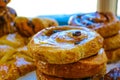 Cakes on display in a bakery store window Royalty Free Stock Photo