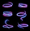 Shiny swirls. Glowing swirl lines with glowing magic particles, blue and purple color scheme, neon twisted energy rings