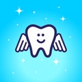 Shiny tooth with angel wings on a blue background. concept of dentistry and oral hygiene. vector