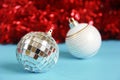 Shiny toys balls on the Christmas tree for the new year holiday Royalty Free Stock Photo