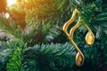 Shiny treble clef ornament or gold music notes hanging on pine tree. Stylish christmas decorations. Christmas and New Year display