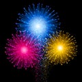 Shiny tricolor firework on the dark sky. Festive brightly colorful bursting. Vector black background