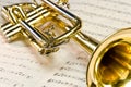 Shiny trumpet on sheet music Royalty Free Stock Photo