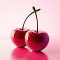 Shiny Twin Cherries on Pink Background Royalty Free Stock Photo