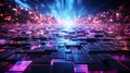 Shiny and uneven grid block surface with neon glow blue and purple light, cyberspace concept, futuristic technology abstract Royalty Free Stock Photo