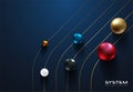 Shiny various metallic color spheres roll golden thin line trail path on dark blue background. Science or education futuristic