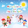 Shiny vector christmas background with funny snowman and children. Royalty Free Stock Photo