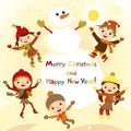 Shiny vector christmas background with funny snowman and children. Royalty Free Stock Photo