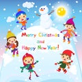 Shiny vector christmas background with funny snowman and children. Royalty Free Stock Photo