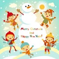 Shiny vector christmas background with funny snowman and children. Happy new year postcard design with boy and girl enjoying the h Royalty Free Stock Photo