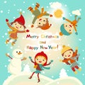 Shiny vector christmas background with funny snowman and children. Happy new year postcard design with boy and girl enjoying the h Royalty Free Stock Photo