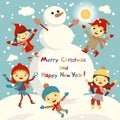 Shiny vector christmas background with funny snowman and children. Happy new year postcard design with boy and girl enjoying the h Royalty Free Stock Photo