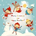 Shiny vector christmas background with funny snowman and children. Happy new year postcard design with boy and girl enjoying the h Royalty Free Stock Photo