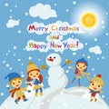 Shiny vector christmas background with funny snowman and children. Happy new year postcard design with boy and girl enjoying the h Royalty Free Stock Photo