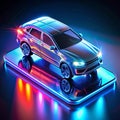 Shiny vehicle sits on a phone-like platform, illuminated with neon lights Royalty Free Stock Photo