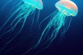 Shiny vibrant fluorescent jellyfish glow underwater dark neon dynamic pulsating ultraviolet blurred background. Fantasy