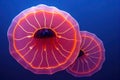 Shiny vibrant fluorescent jellyfish glow underwater dark neon dynamic pulsating ultraviolet blurred background. Fantasy