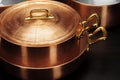 Shiny vintage copper cookware over dark background Royalty Free Stock Photo