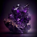 Violet crystal Amethyst gem isolated on black background.