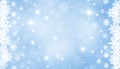 Shiny white frame with snowflakes on a light blue bokeh background with stars and sparkles. Festive Christmas banner Royalty Free Stock Photo