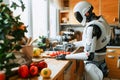 A shiny white humanoid android preparing ingredients in a bright domestic kitchen to do some cooking