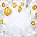 Shiny winter background with gold bitcoins.