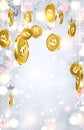 Shiny winter card with gold bitcoins.