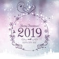Shiny Xmas ball for Merry Christmas 2019 and New Year on holidays background with winter landscape with snowflakes, light, stars. Royalty Free Stock Photo