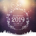 Shiny Xmas ball for Merry Christmas 2019 and New Year on holidays background with winter landscape with snowflakes, light, stars Royalty Free Stock Photo