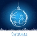 Shiny Xmas ball with snowman for Merry Christmas celebration on dark blue background with snowflakes. Hand drawn. Royalty Free Stock Photo