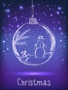 Shiny Xmas ball with snowman for Merry Christmas celebration on dark violet background with light, stars. Hand drawn. Royalty Free Stock Photo