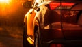 Shiny yellow sports car speeds through city traffic at dusk generated by AI Royalty Free Stock Photo