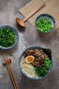 Shio ramen soup with chicken, mushrooms, onion and egg, flat lay copy space