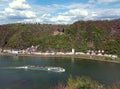 Shio on river Rhine in front of Burg Katz and St. Goarshausen