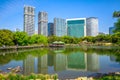 Shiodome buildings in Hamarikyu Gardens Royalty Free Stock Photo