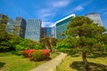 Shiodome buildings in Hamarikyu Gardens Royalty Free Stock Photo