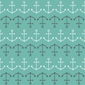 Ship anchor in shapes of heart. Nautical sign symbol. Seamless Pattern Wrapping paper, textile template. Blue background. Flat des