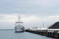 A ship is anchored at the port of Otaru, Hokkaido, Japan