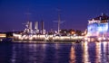 Ship Aurora in St. Petersburg, Russia, at night in June. The Neva River in St. Petersburg. Night city. Royalty Free Stock Photo