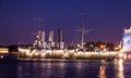 Ship Aurora in St. Petersburg, Russia, at night in June. The Neva River in St. Petersburg. Night city. Royalty Free Stock Photo