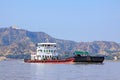 Ship At Ayeyarwady River and Tantkyitaung Pagoda, Tantkyi Hill, Myanmar Royalty Free Stock Photo