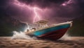 ship in the beach highly intricately detailed Fast bass boat speeding to escape the lightning storm