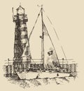 Ship and beacon vintage engraved illustration