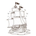 Ship with black sails. Pirate frigate. Pictures on a naval theme