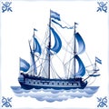 Ship on the Blue Dutch tile 4, battleship Royalty Free Stock Photo