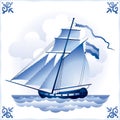 Ship on the Blue Dutch tile 5, cutter Royalty Free Stock Photo