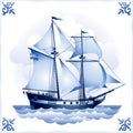 Ship on the Blue Dutch tile 8, Brigantine Royalty Free Stock Photo