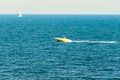 Ship boat on blue Black Sea water near beach side Royalty Free Stock Photo